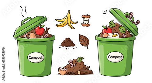 Two green compost bins overflowing with organic waste surrounded by scattered food scraps and compost piles.
