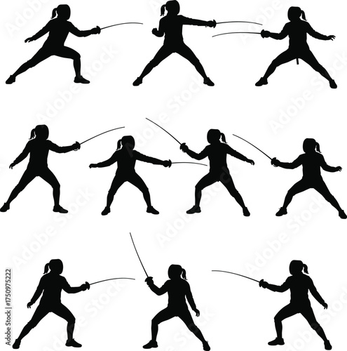 Fencing silhouette illustration, duel stance sequence, black and white design, sword sport technique, athletic motion, combat training concept, opponent interaction
