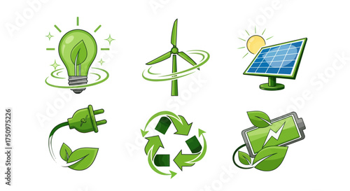 A vibrant set of six green energy and environmental sustainability icons including solar wind and recycling symbols.