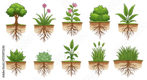 Collection of Diverse Cartoon Plants with Exposed Root Systems in Soil.