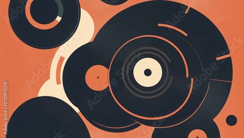 Abstract vinyl record design in bold retro colours with circular patterns and geometric elements.