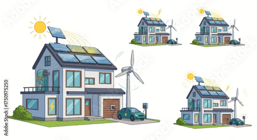 Eco-Friendly Houses with Solar Panels and Wind Turbines Sustainable Living.
