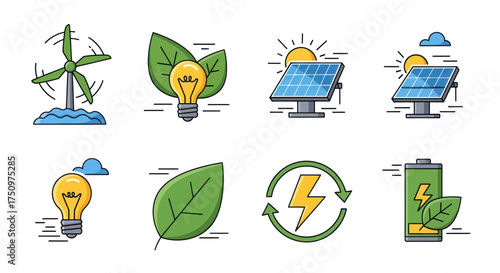 Collection of Colorful Renewable Energy and Sustainability Icons.