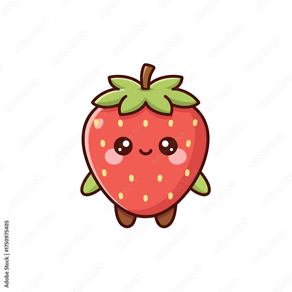 Obraz premium A cute kawaii strawberry character with a happy smiling face, little arms, and legs on a white background.