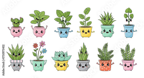 Cute Kawaii Cartoon Potted Plants Collection with Expressive Faces.