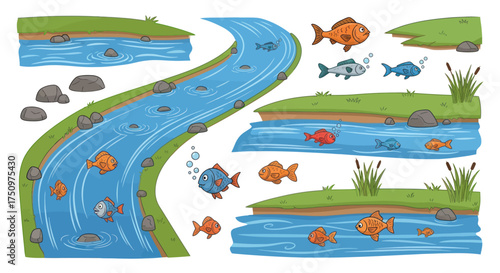 Cartoon River with Fish Banks and Aquatic Life Elements.