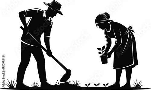 Gardening silhouette illustration, planting teamwork scene, shovel and potted plant, outdoor agriculture, black and white design, nature care, soil preparation concept