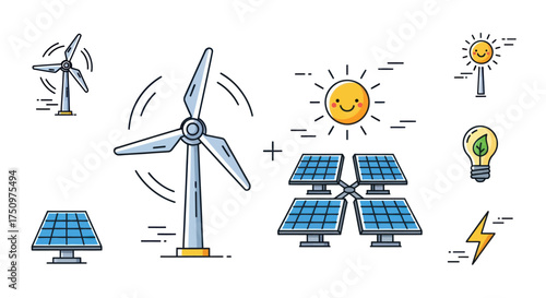 Renewable Energy Icons Set: Wind Turbines Solar Panels Sun and Eco Light Bulb.