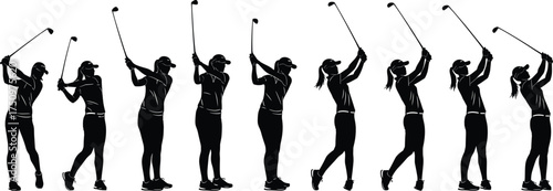 Golf swing silhouette illustration, motion sequence poses, black and white design, athletic technique, sports training concept, stance to follow-through