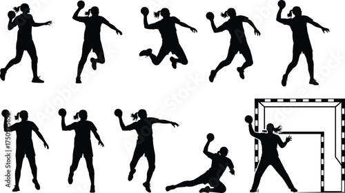 Handball silhouette illustration, athletic action poses, black and white design, goal defense, throwing motion, sports training concept, dynamic movement sequence