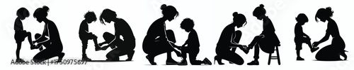 vector silhouette of mother helping child to lace up shoes