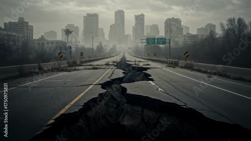 A large crack splits an empty highway leading towards a ruined and desolate city skyline under a grey, hazy sky, depicting a post-apocalyptic or disaster-stricken world