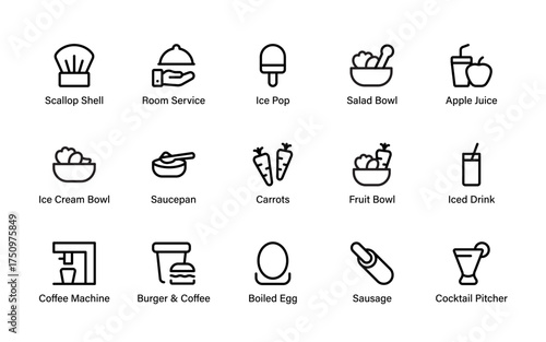 Cafe and kitchen essentials icon set with drinks, food, and cooking items in modern line style for restaurant, bar, and menu design