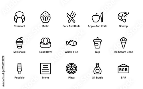 food and drink icons including pizza, ice cream, milkshake, salad, seafood, bakery items, and utensils for menus and apps.