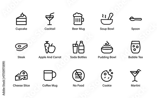 Minimal and modern food and drink icons including coffee, desserts, beverages, snacks, and utensils, perfect for web, apps, and print design