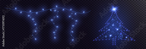 Glowing Christmas tree and decorative garlands on a transparent background