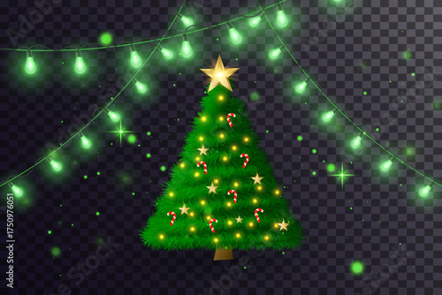 Merry Christmas and Happy New Year greeting card with a glowing Christmas tree and gifts. Vector.