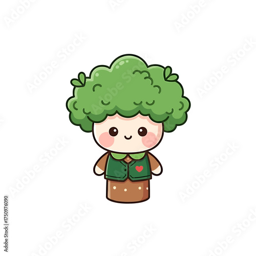 Cute cartoon tree character with a green bushy top and a brown trunk wearing a vest with a red heart on a white background.