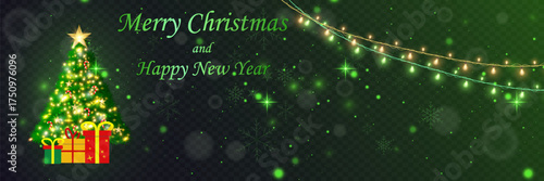 Merry Christmas and Happy New Year greeting card with a glowing Christmas tree and gifts. Vector.