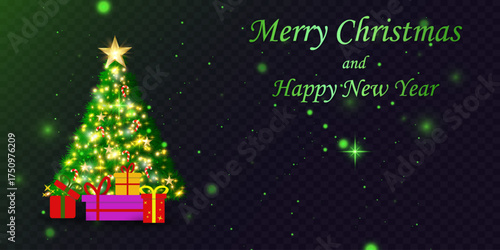 Merry Christmas and Happy New Year greeting card with a glowing Christmas tree and gifts. Vector.