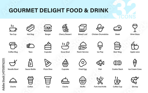Gourmet Delight Food and Drink Icon Set. restaurant, café, fast food, dessert, and beverage line icons for menus, apps, and branding.