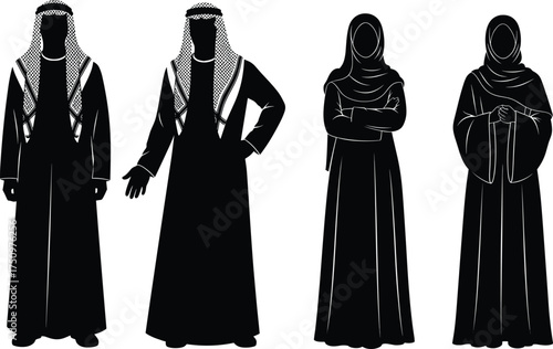 Middle Eastern clothing silhouettes, thobe and keffiyeh, hijab and dress, cultural fashion, traditional attire, black and white sketch, modest clothing illustration