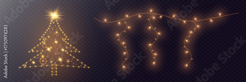 Glowing Christmas tree and decorative garlands on a transparent background