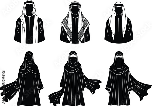 Middle Eastern traditional clothing illustration, thobe and bisht, keffiyeh and agal, abaya and niqab, cultural fashion, modest attire, black and white sketch