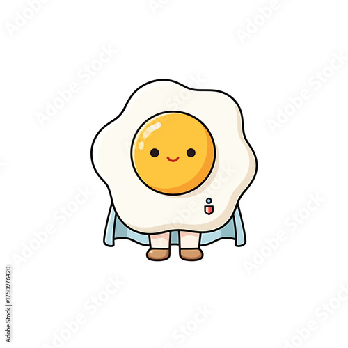 A cute cartoon illustration of a sunny-side-up egg wearing a cape and shoes, smiling.