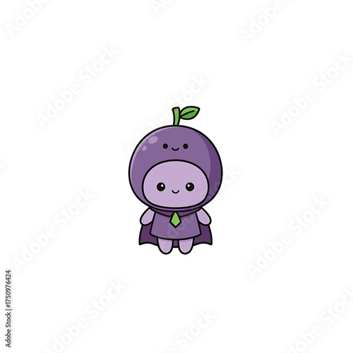Cute cartoon plum character with a cape and a plum-shaped hood with a leaf on top.