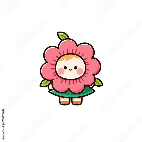 An adorable cartoon baby character wearing a cute pink flower costume with green leaves.