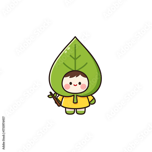 A cute cartoon illustration of a child dressed as a leaf, holding a small twig.