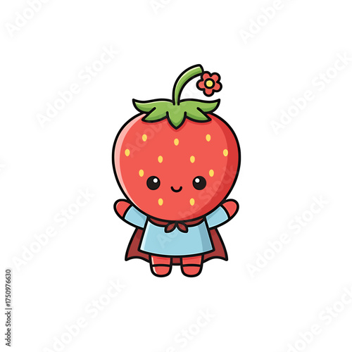Cute cartoon strawberry character wearing a blue dress and red cape, with a happy smiling face and a flower on its stem, on a white background.