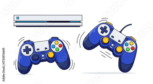 Two blue video game controllers and a white console.