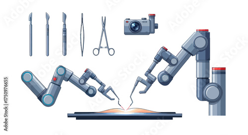 Advanced robotic surgery with precision medical instruments and tools.