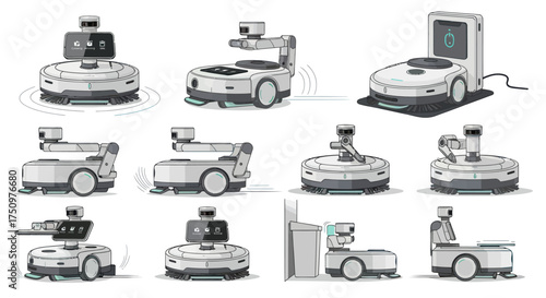 Collection of Autonomous Delivery Robots with Sensors and Screens in Various Poses.