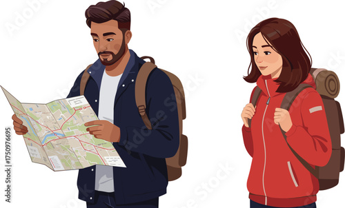 Outdoor adventure, hiking couple, travel gear, map reading, backpacking, nature trip, exploration, navigation, camping outfit, trail journey, travel illustration, forest hike, adventure scene,