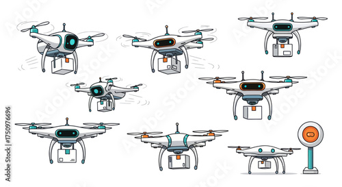 Collection of Delivery Drones with Packages Aerial Vehicles for Transport.
