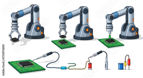 Robotic Arms Assembling Electronic Circuit Boards in Production.