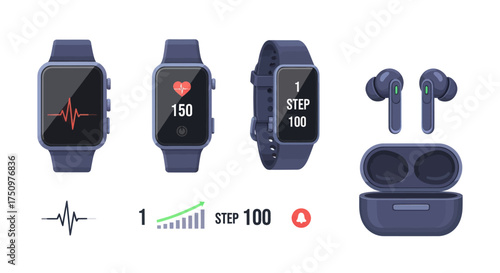 Smartwatches and Wireless Earbuds Set in Dark Blue Displaying Health and Activity Data.