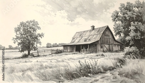 A monochrome drawing depicts an aged, weathered barn nestled amidst a grassy field with trees under a cloudy sky. A sense of rural serenity is conveyed