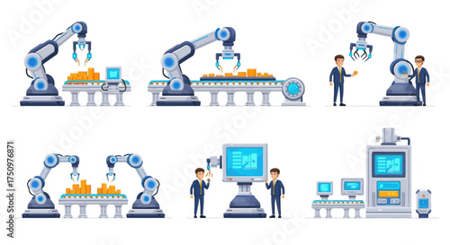 Industrial Automation and Robotics Manufacturing Process Illustrations Set.