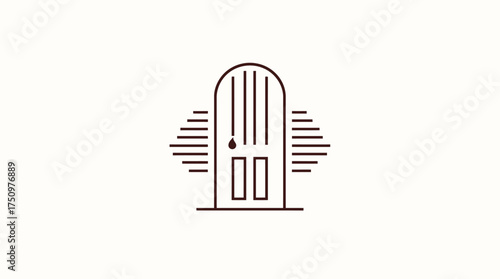Simple brown line drawing of a stylized arched door with radiating lines.