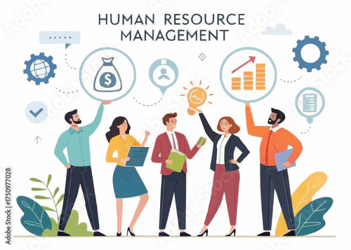 Human resource management team with icons and business people holding up the different elements of hr