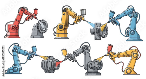 Industrial Robotic Arms Performing Spray Painting Tasks on Metal Components.