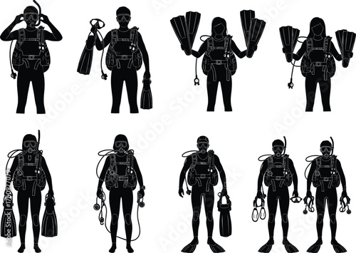 Scuba diver silhouettes with gear, underwater equipment illustration, diving poses, oxygen tank, fins, mask, regulator, marine activity, aquatic sport, black and white