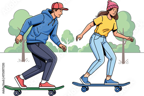 Skateboarding duo, outdoor park, casual fashion, youth activity, dynamic motion, red cap, pink beanie, green skateboard, blue skateboard, trees, skate scene, active lifestyle, street sport, urban