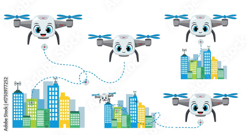 Cartoon Drones Flying Over City Buildings with Smiling Faces.