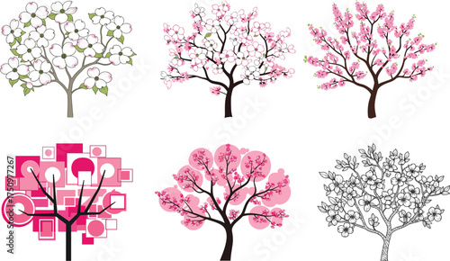 Stylized Cherry Blossom Trees in Six Artistic Designs – Pink, White, Abstract, Monochrome Floral Nature Vector for Seasonal Decorative Use