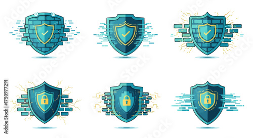 Set of Digital Security Shields with Checkmarks and Padlocks.